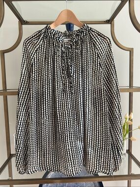H&M Black and Cream Zigzag Tie-Neck Blouse
